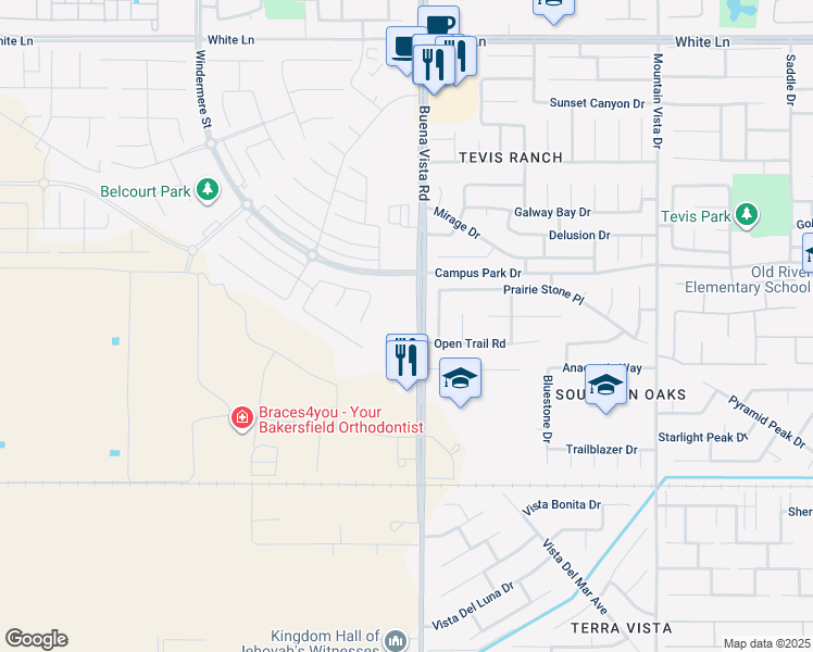 map of restaurants, bars, coffee shops, grocery stores, and more near 4301 Buena Vista Road in Bakersfield