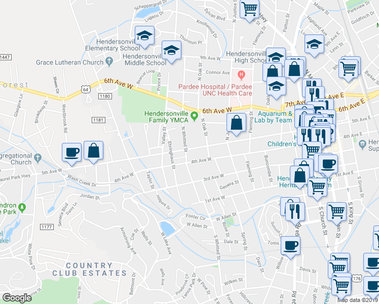 map of restaurants, bars, coffee shops, grocery stores, and more near 834 5th Avenue West in Hendersonville