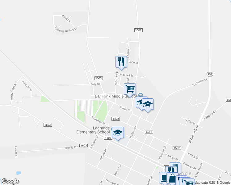 map of restaurants, bars, coffee shops, grocery stores, and more near 501 North Forbes Street in La Grange