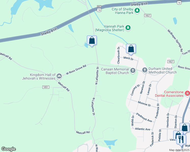 map of restaurants, bars, coffee shops, grocery stores, and more near 1339 North Lafayette Street in Shelby