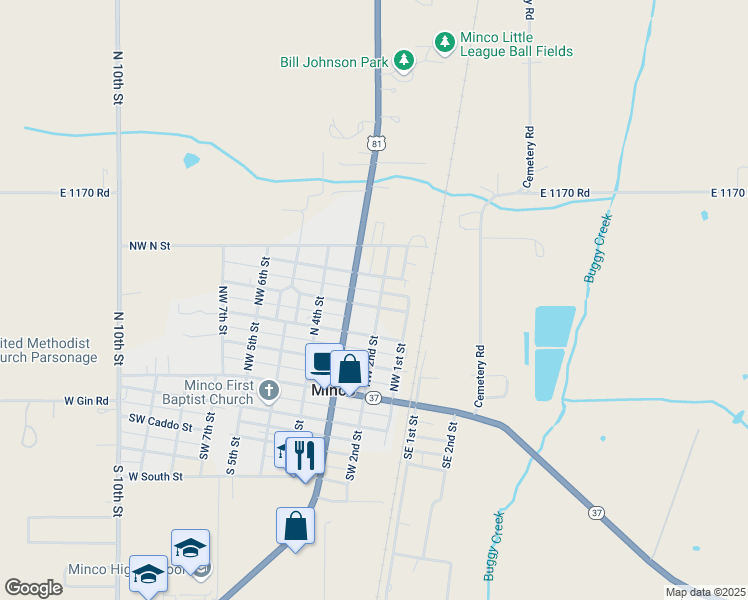 map of restaurants, bars, coffee shops, grocery stores, and more near 401 Northwest 2nd Street in Minco