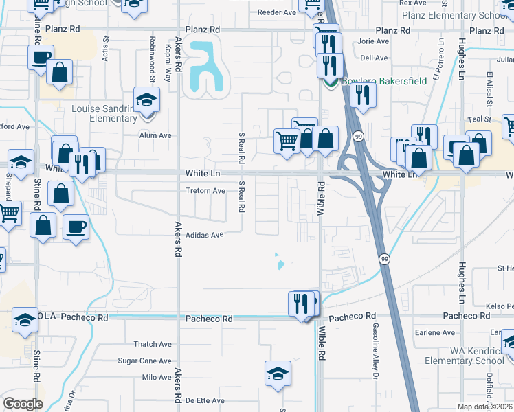 map of restaurants, bars, coffee shops, grocery stores, and more near 3608 Sahara Lane in Bakersfield