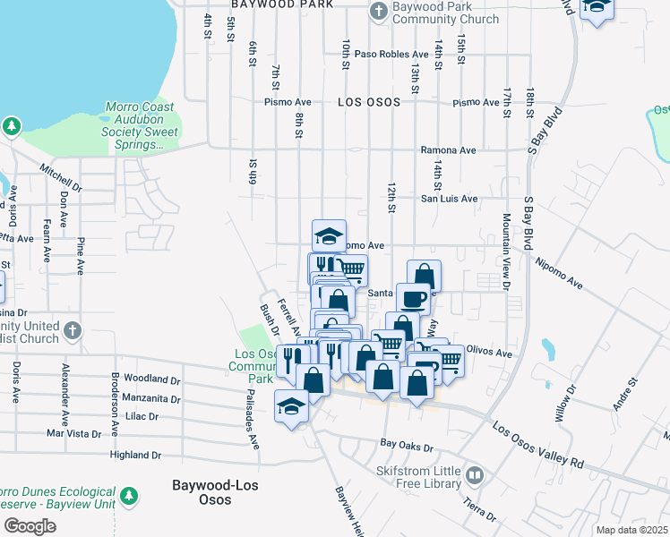 map of restaurants, bars, coffee shops, grocery stores, and more near 1957 10th Street in Baywood-Los Osos