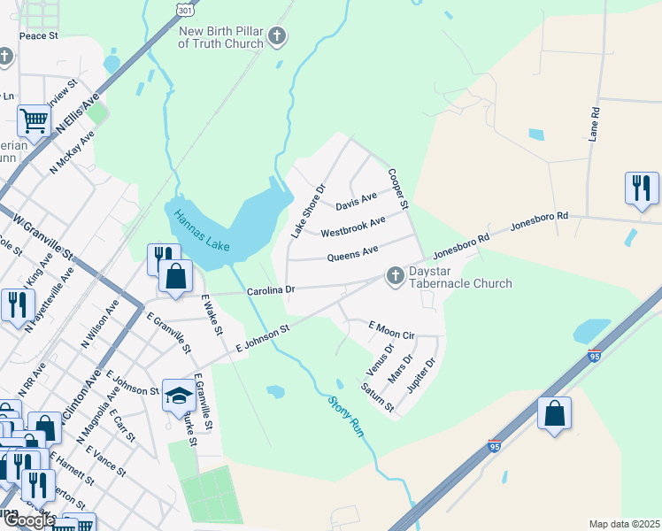 map of restaurants, bars, coffee shops, grocery stores, and more near 714 Queens Avenue in Dunn
