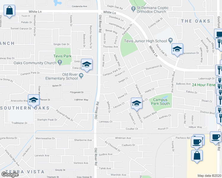 map of restaurants, bars, coffee shops, grocery stores, and more near 9511 Goshen Court in Bakersfield