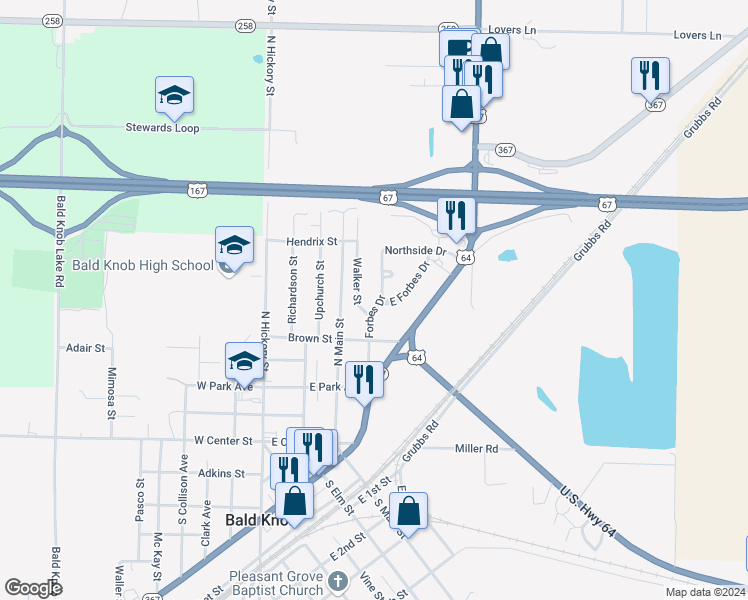 map of restaurants, bars, coffee shops, grocery stores, and more near 605 Forbes Drive in Bald Knob