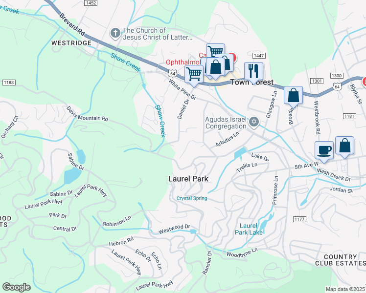 map of restaurants, bars, coffee shops, grocery stores, and more near 312 Woodland Trail in Laurel Park