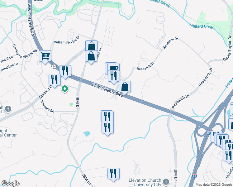 map of restaurants, bars, coffee shops, grocery stores, and more near 1525 West W.T.Harris Boulevard in Charlotte