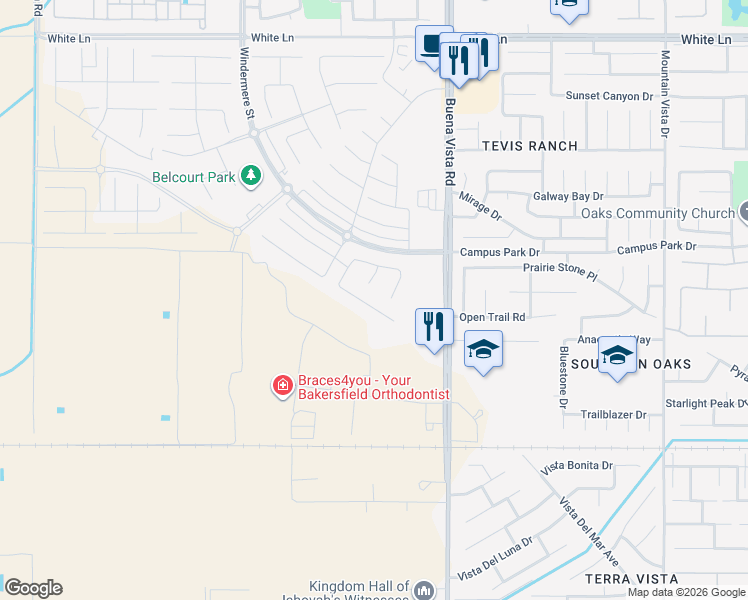 map of restaurants, bars, coffee shops, grocery stores, and more near 11610 Cloverfield Circle in Bakersfield