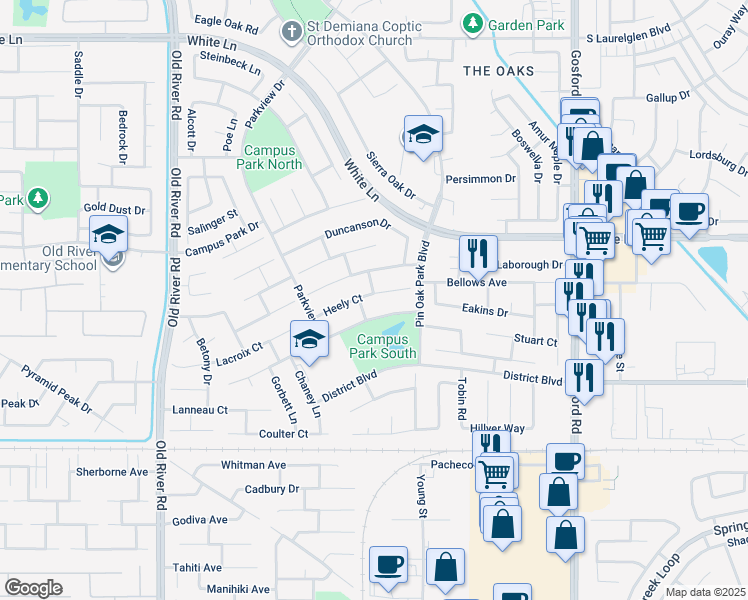 map of restaurants, bars, coffee shops, grocery stores, and more near 8901 Heely Court in Bakersfield