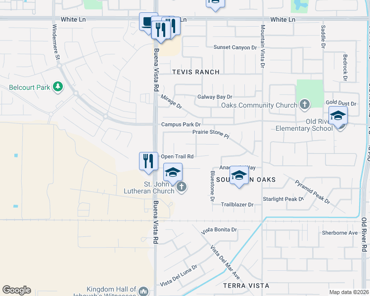 map of restaurants, bars, coffee shops, grocery stores, and more near 11101 Myers Ranch Court in Bakersfield