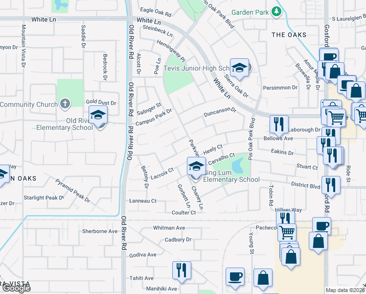 map of restaurants, bars, coffee shops, grocery stores, and more near 9108 Hoxie Court in Bakersfield