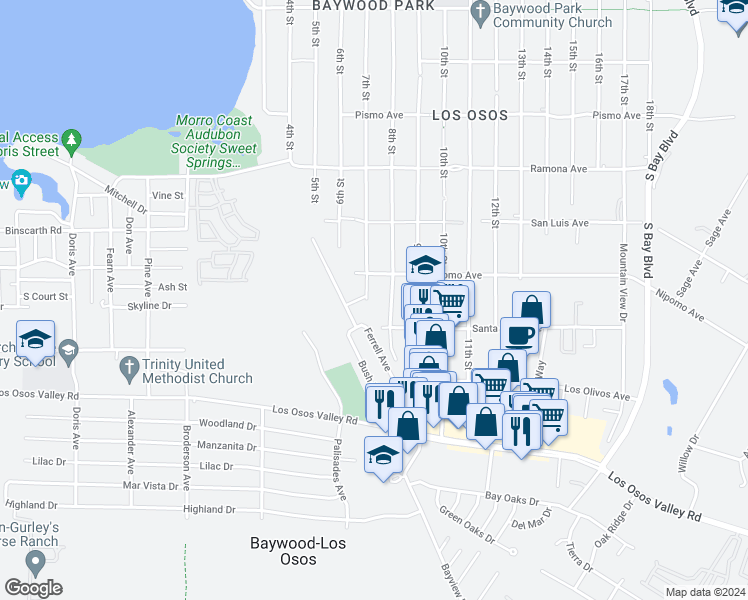 map of restaurants, bars, coffee shops, grocery stores, and more near 1940 7th Street in Baywood-Los Osos