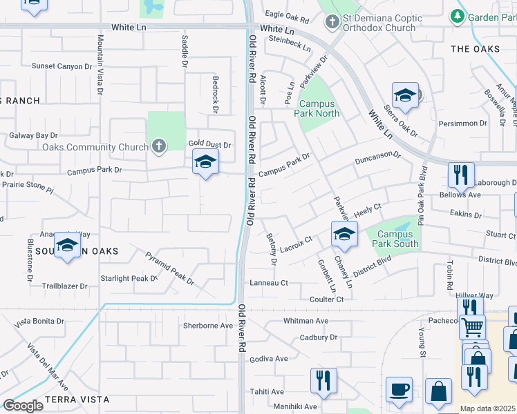 map of restaurants, bars, coffee shops, grocery stores, and more near 4311 Tweeddale Drive in Bakersfield