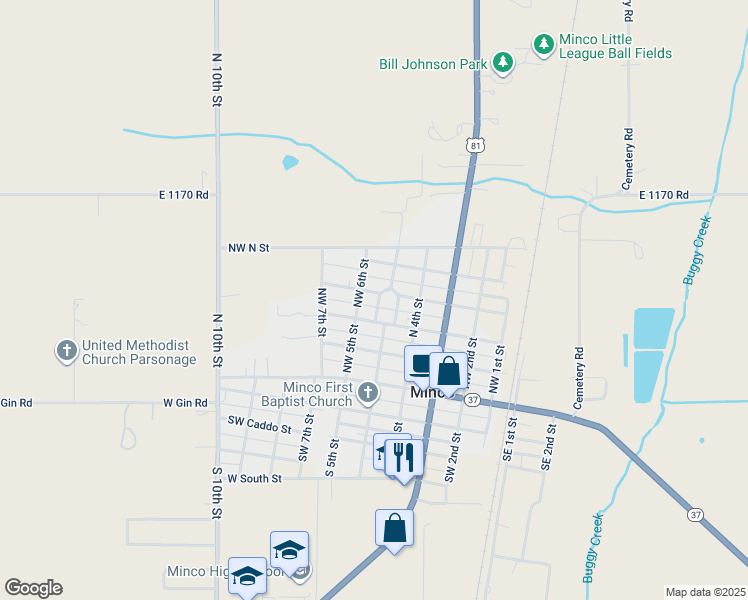 map of restaurants, bars, coffee shops, grocery stores, and more near 311 North West 5th Street in Minco