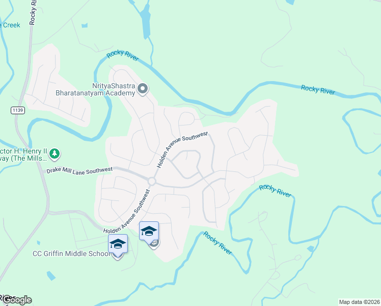 map of restaurants, bars, coffee shops, grocery stores, and more near 2134 Galloway Lane Southwest in Concord