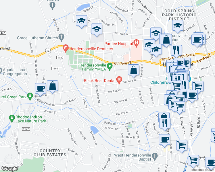 map of restaurants, bars, coffee shops, grocery stores, and more near 834 5th Avenue West in Hendersonville