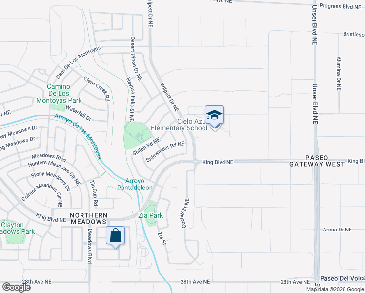 map of restaurants, bars, coffee shops, grocery stores, and more near 1408 Sidewinder Road Northeast in Rio Rancho
