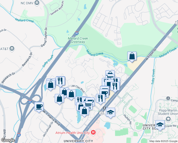 map of restaurants, bars, coffee shops, grocery stores, and more near 9423 Glenwater Drive in Charlotte