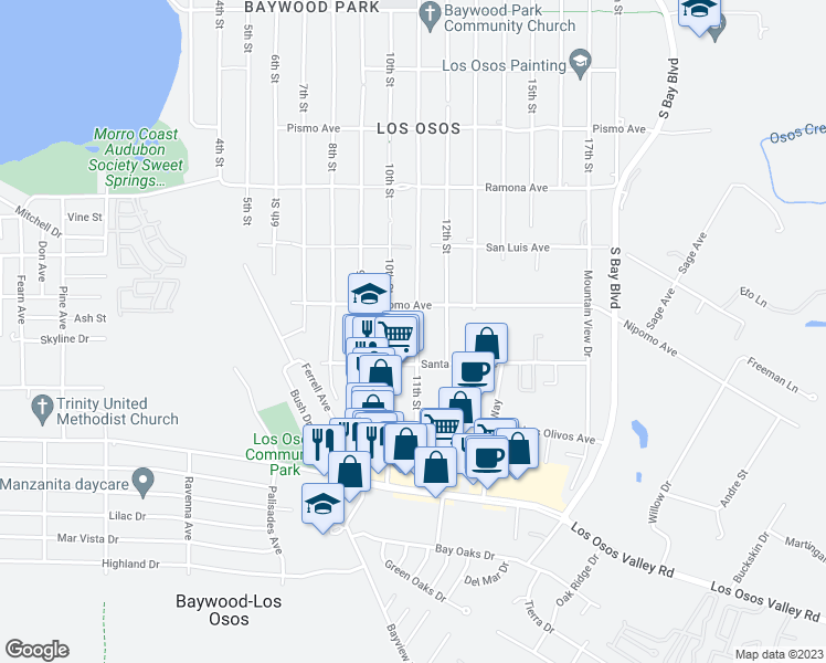map of restaurants, bars, coffee shops, grocery stores, and more near 1947 11th Street in Baywood-Los Osos