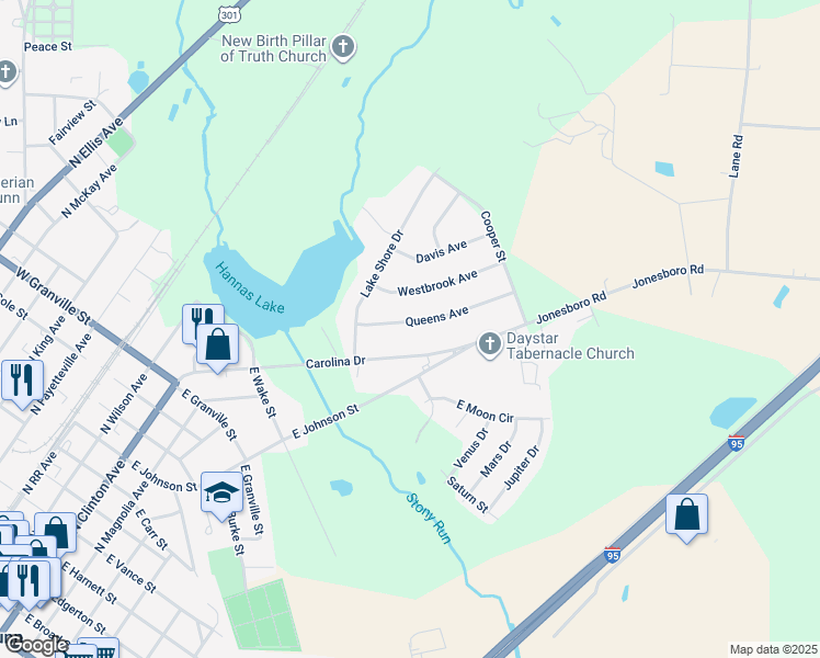 map of restaurants, bars, coffee shops, grocery stores, and more near 714 Queens Avenue in Dunn