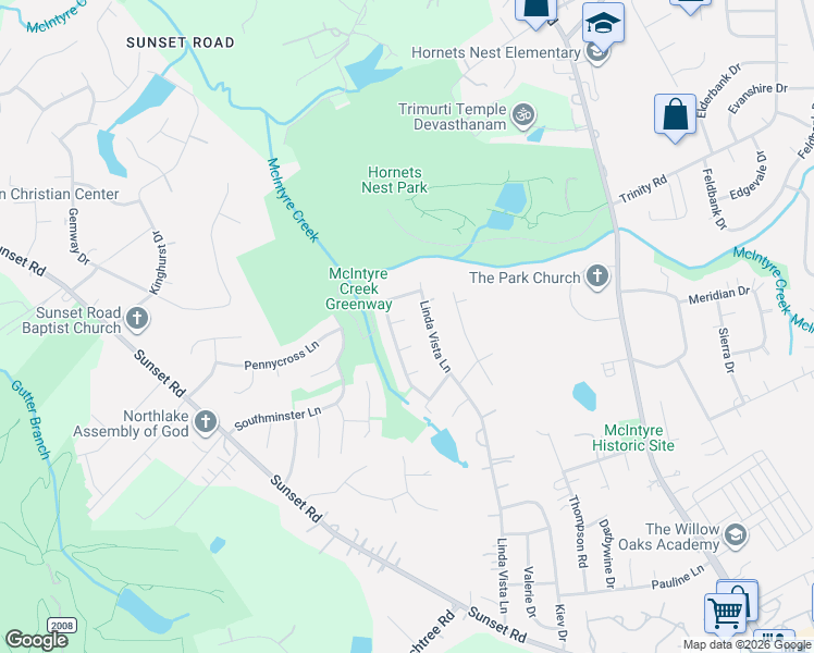 map of restaurants, bars, coffee shops, grocery stores, and more near 6233 Linda Vista Lane in Charlotte
