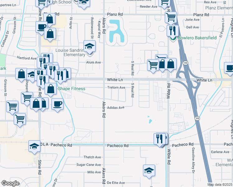 map of restaurants, bars, coffee shops, grocery stores, and more near 4305 Poach Street in Bakersfield