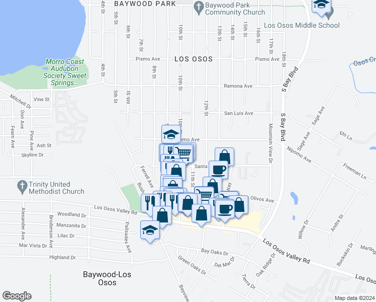 map of restaurants, bars, coffee shops, grocery stores, and more near 1937 11th Street in Baywood-Los Osos