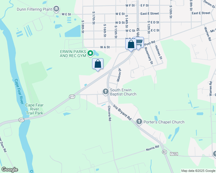 map of restaurants, bars, coffee shops, grocery stores, and more near Iris Bryant Road in Erwin