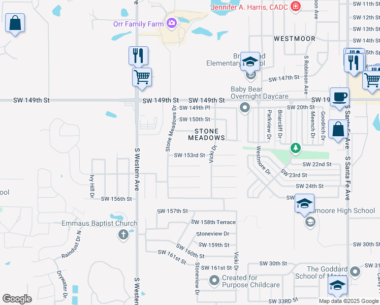 map of restaurants, bars, coffee shops, grocery stores, and more near 701 Southwest 153rd Street in Oklahoma City