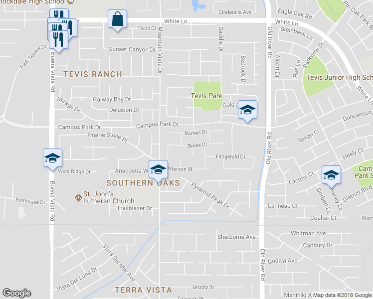 map of restaurants, bars, coffee shops, grocery stores, and more near 10207 Skiles Drive in Bakersfield