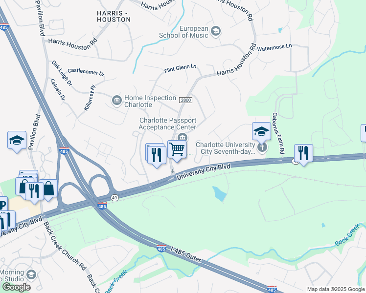 map of restaurants, bars, coffee shops, grocery stores, and more near 1820 Harris Houston Road in Charlotte
