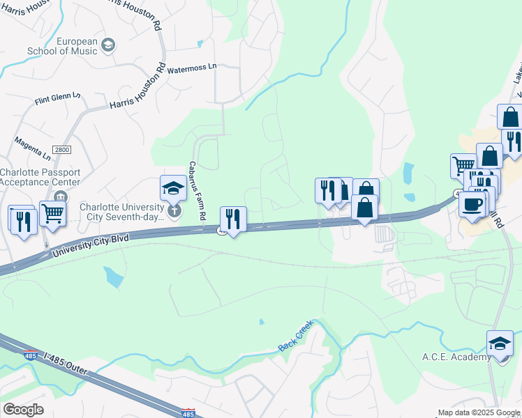 map of restaurants, bars, coffee shops, grocery stores, and more near 11815 University City Boulevard in Charlotte