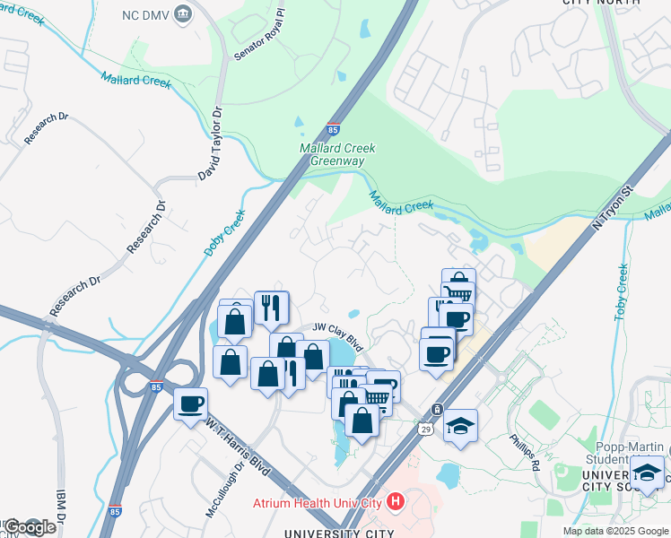 map of restaurants, bars, coffee shops, grocery stores, and more near 9211 Ravenwing Drive in Charlotte