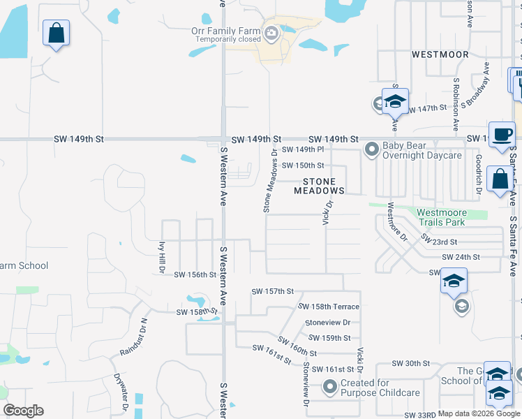 map of restaurants, bars, coffee shops, grocery stores, and more near 729 Southwest 153rd Street in Oklahoma City