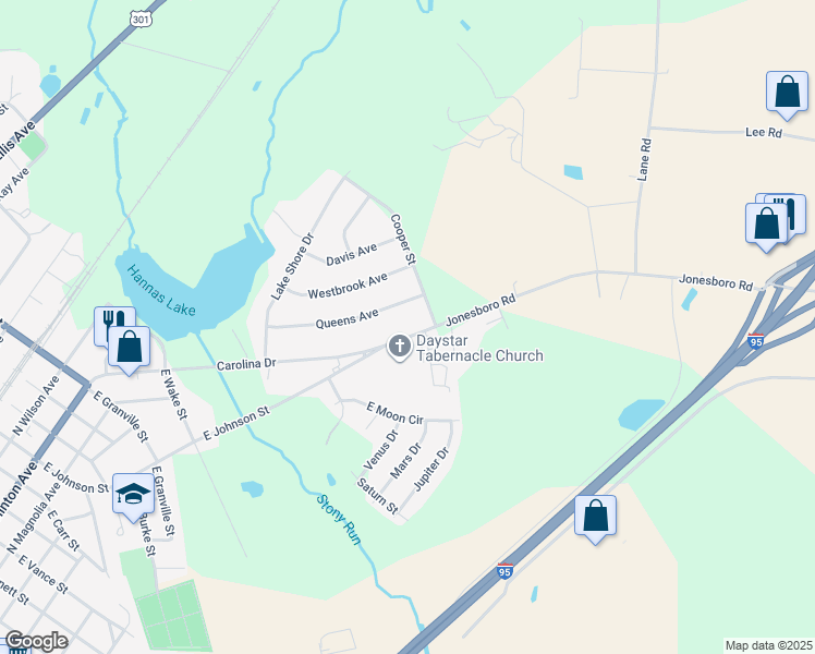 map of restaurants, bars, coffee shops, grocery stores, and more near 741 Carolina Drive in Dunn