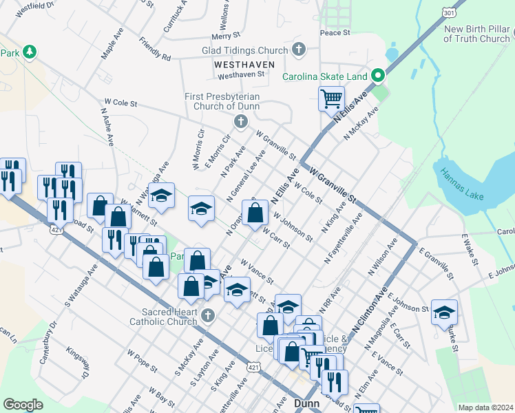 map of restaurants, bars, coffee shops, grocery stores, and more near 609 East Johnson Street in Dunn