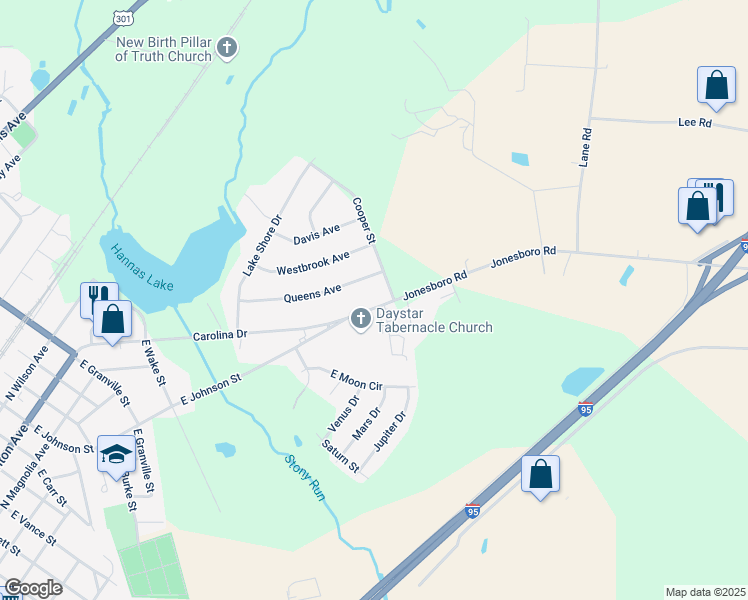 map of restaurants, bars, coffee shops, grocery stores, and more near 743 Carolina Drive in Dunn