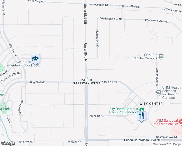map of restaurants, bars, coffee shops, grocery stores, and more near Unser Boulevard Northeast in Albuquerque
