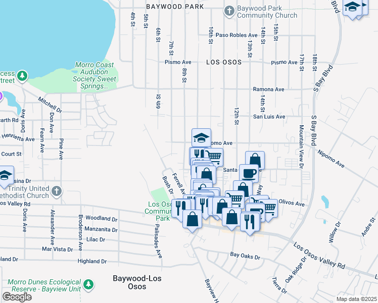 map of restaurants, bars, coffee shops, grocery stores, and more near 1952 8th Street in Baywood-Los Osos