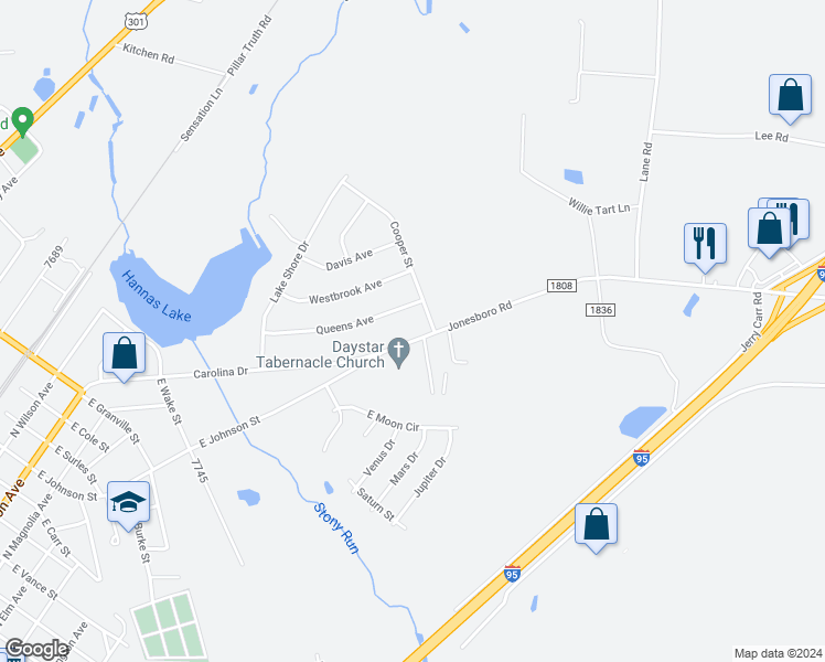 map of restaurants, bars, coffee shops, grocery stores, and more near 743 Carolina Drive in Dunn