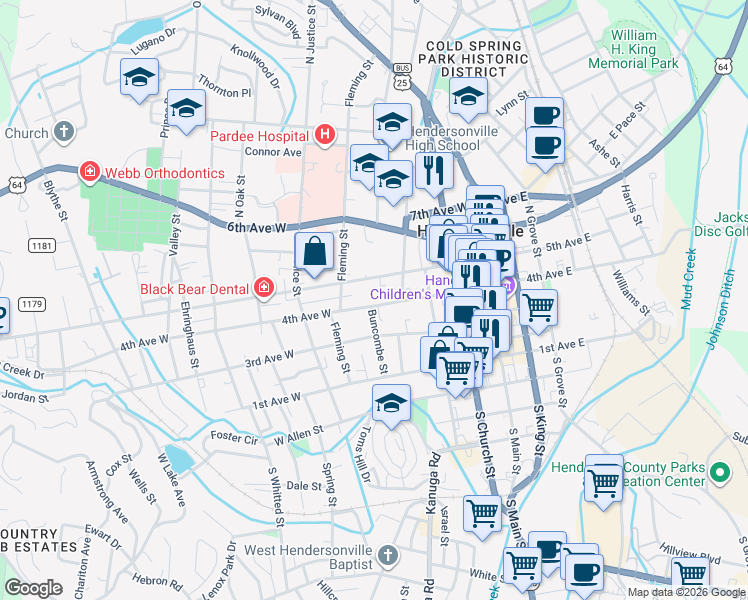 map of restaurants, bars, coffee shops, grocery stores, and more near 504 4th Avenue West in Hendersonville