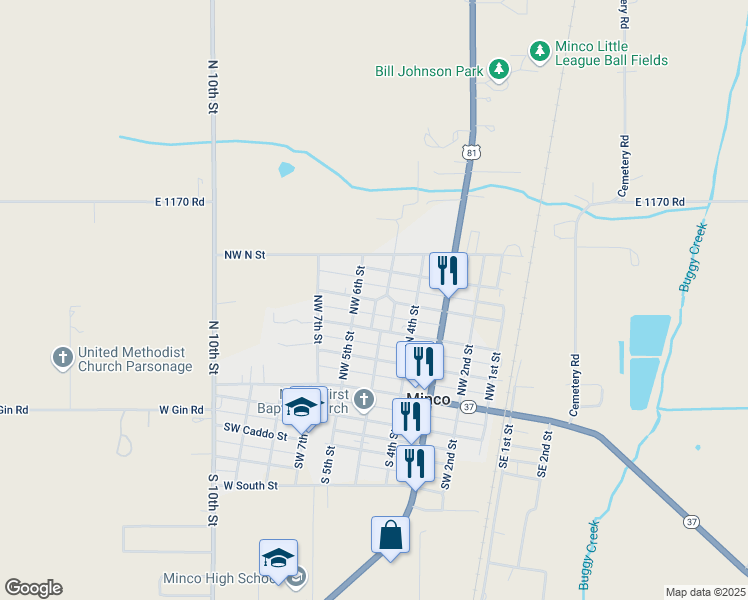 map of restaurants, bars, coffee shops, grocery stores, and more near 311 North West 5th Street in Minco