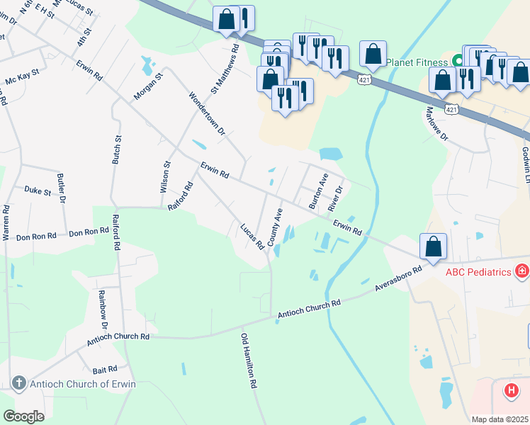 map of restaurants, bars, coffee shops, grocery stores, and more near 109 Twin City Street in Dunn