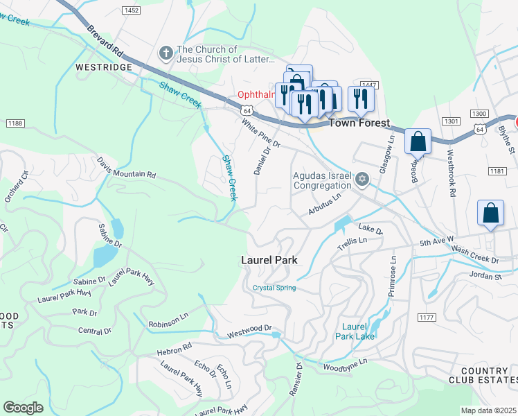 map of restaurants, bars, coffee shops, grocery stores, and more near 312 Woodland Trail in Laurel Park