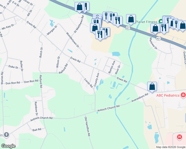 map of restaurants, bars, coffee shops, grocery stores, and more near 109 Twin City Street in Dunn