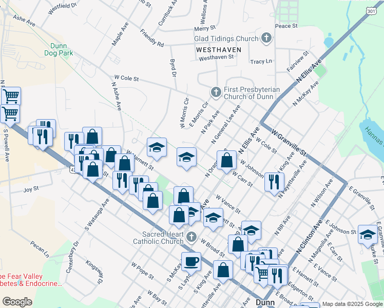 map of restaurants, bars, coffee shops, grocery stores, and more near 504 North Park Avenue in Dunn
