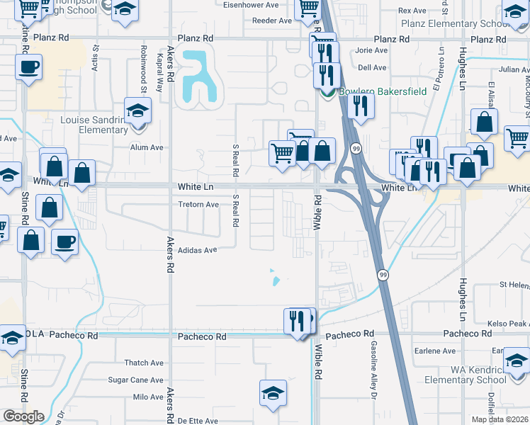 map of restaurants, bars, coffee shops, grocery stores, and more near 4216 Paramount Street in Bakersfield