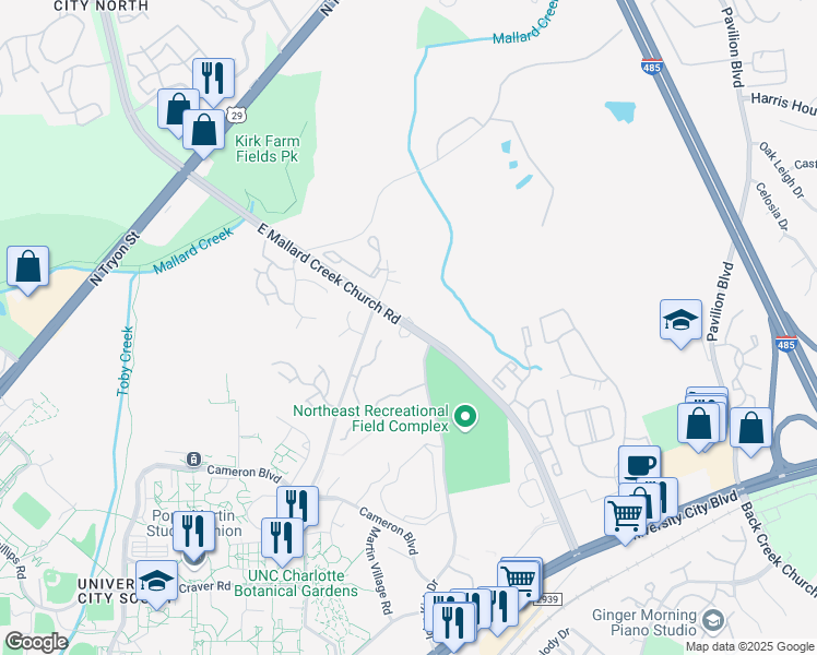 map of restaurants, bars, coffee shops, grocery stores, and more near 734 East Mallard Creek Church Road in Charlotte