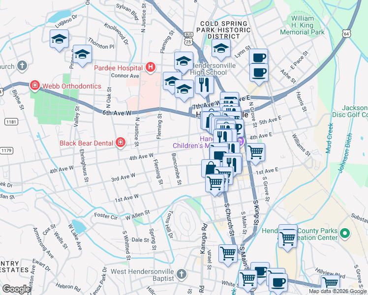 map of restaurants, bars, coffee shops, grocery stores, and more near Haywood Manor in Hendersonville